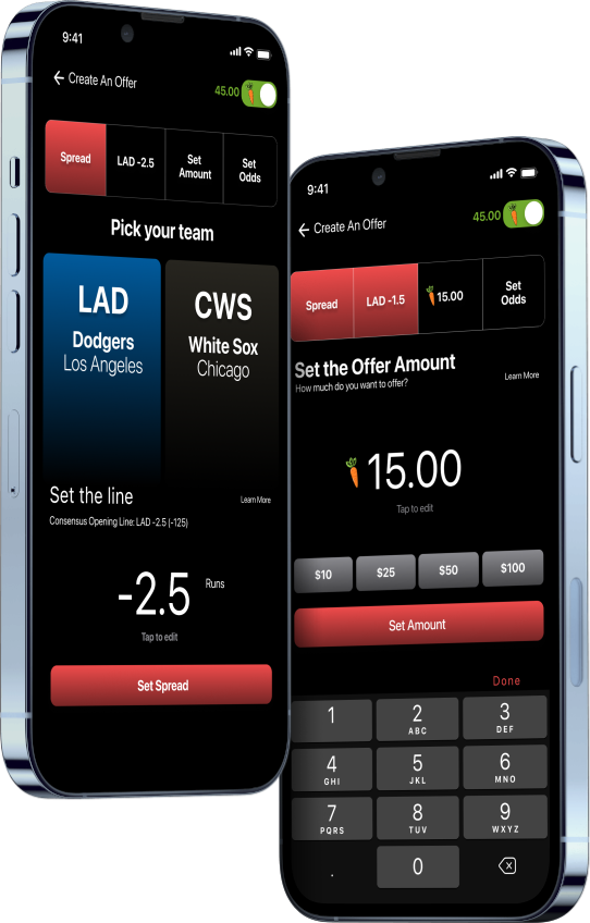 Screenshots of the Rabbet Gaming app demonstrating a user setting a custom betting line at -2.5 and a wager amount of $15.00 to create a new offer.